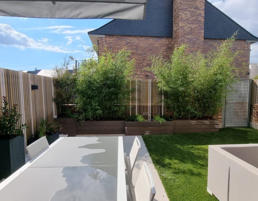 Terraza con comedor exterior, césped y seto de bambú en Boadilla del Monte, Madrid — Abierto al Jardín